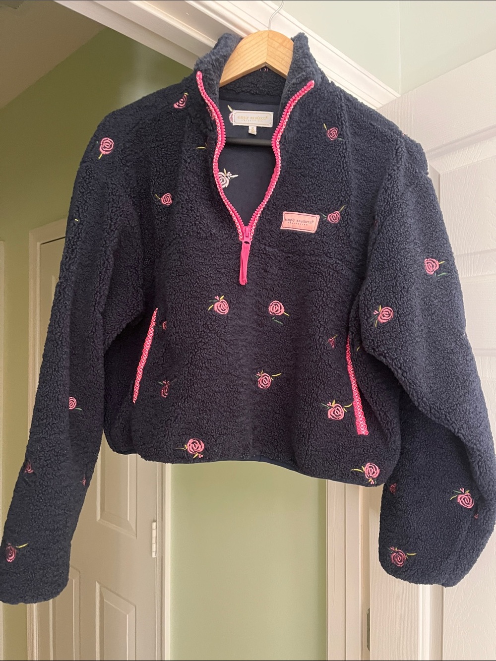 Simply Southern Navy Sherpa Pullover with Pink Rose Embroidery